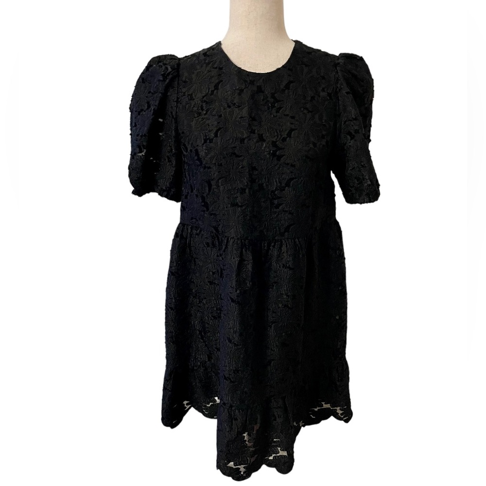 & Other Stories Wednesday Addams Goth Lace Textured Babydoll Puff Sleeve…